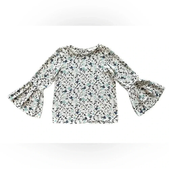 LOFT Ann Taylor White Blue Floral Long Bell Sleeve Keyhole Blouse Women’s Small - Picture 1 of 9